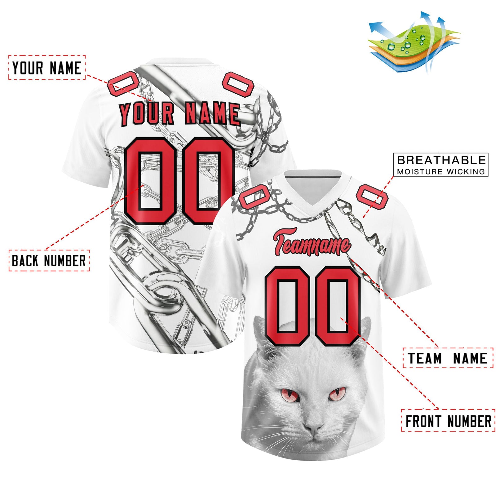 Custom White Light Red Graffiti Pattern Chains Football Jersey| KXKSHOP