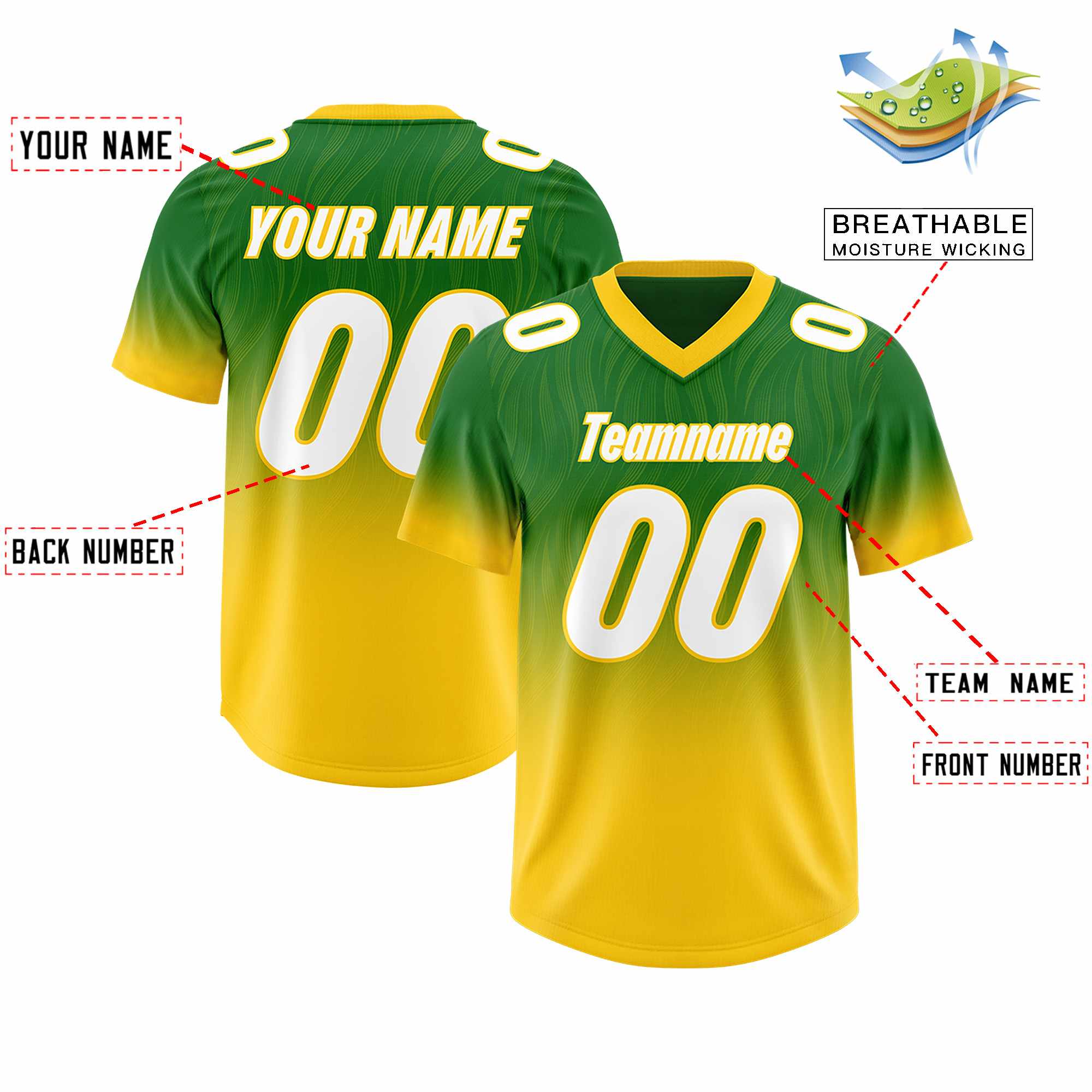 Custom Kelly Green Gold Gradient Fashion Outdoor Authentic Football Jersey