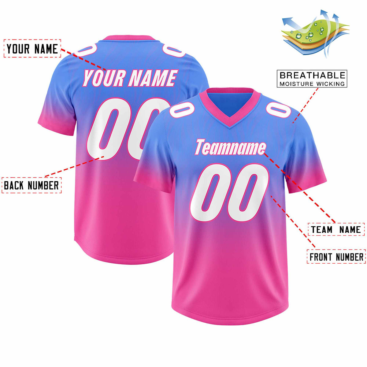 Custom Powder Blue Pink Gradient Fashion Outdoor Authentic Football Jersey