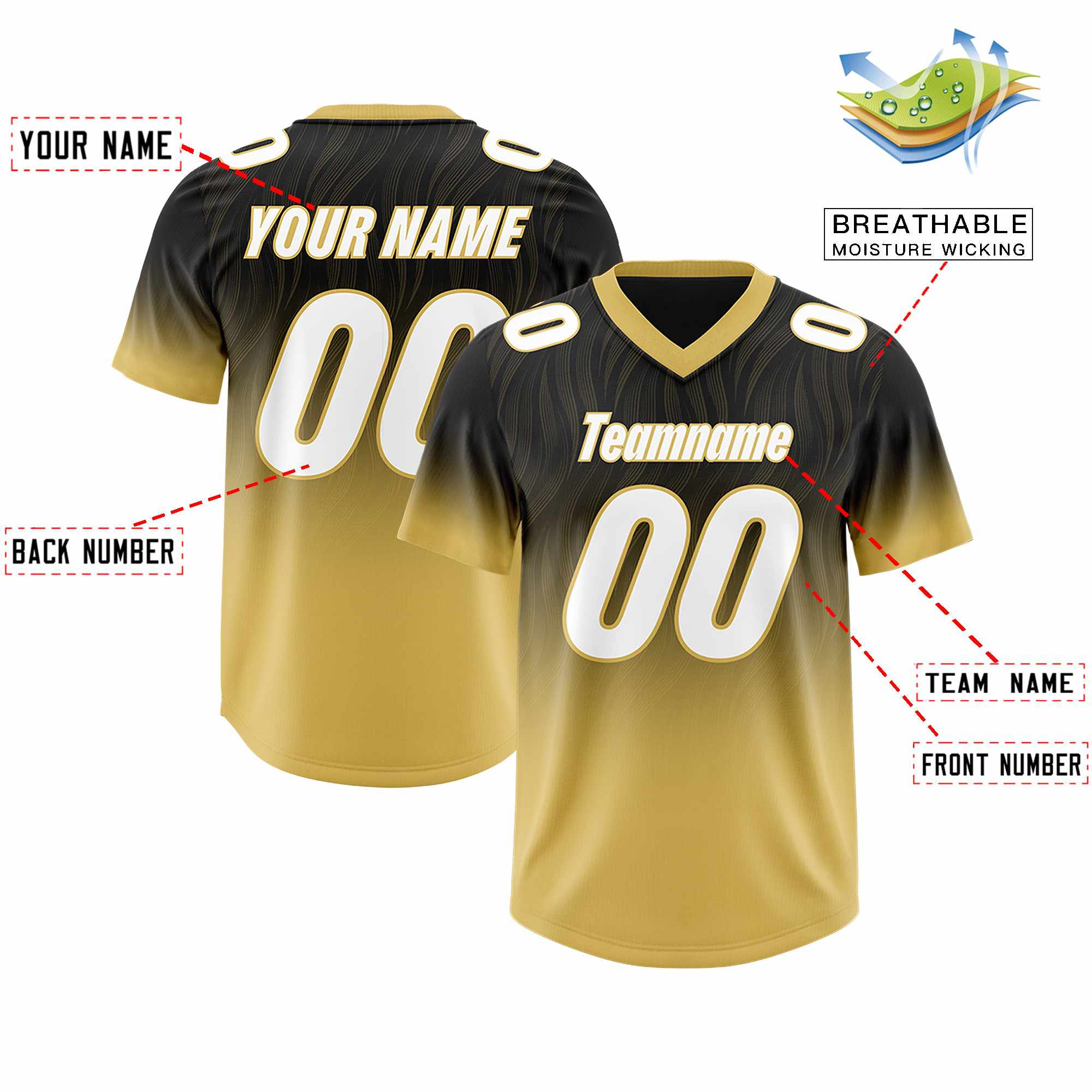 Custom Black Old Gold Gradient Fashion Outdoor Authentic Football Jersey