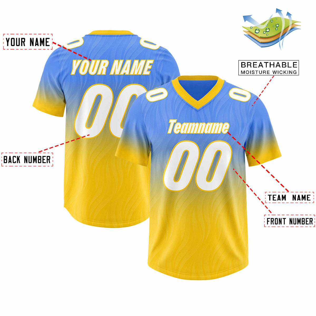 Custom Powder Blue Gold Gradient Fashion Outdoor Authentic Football Jersey