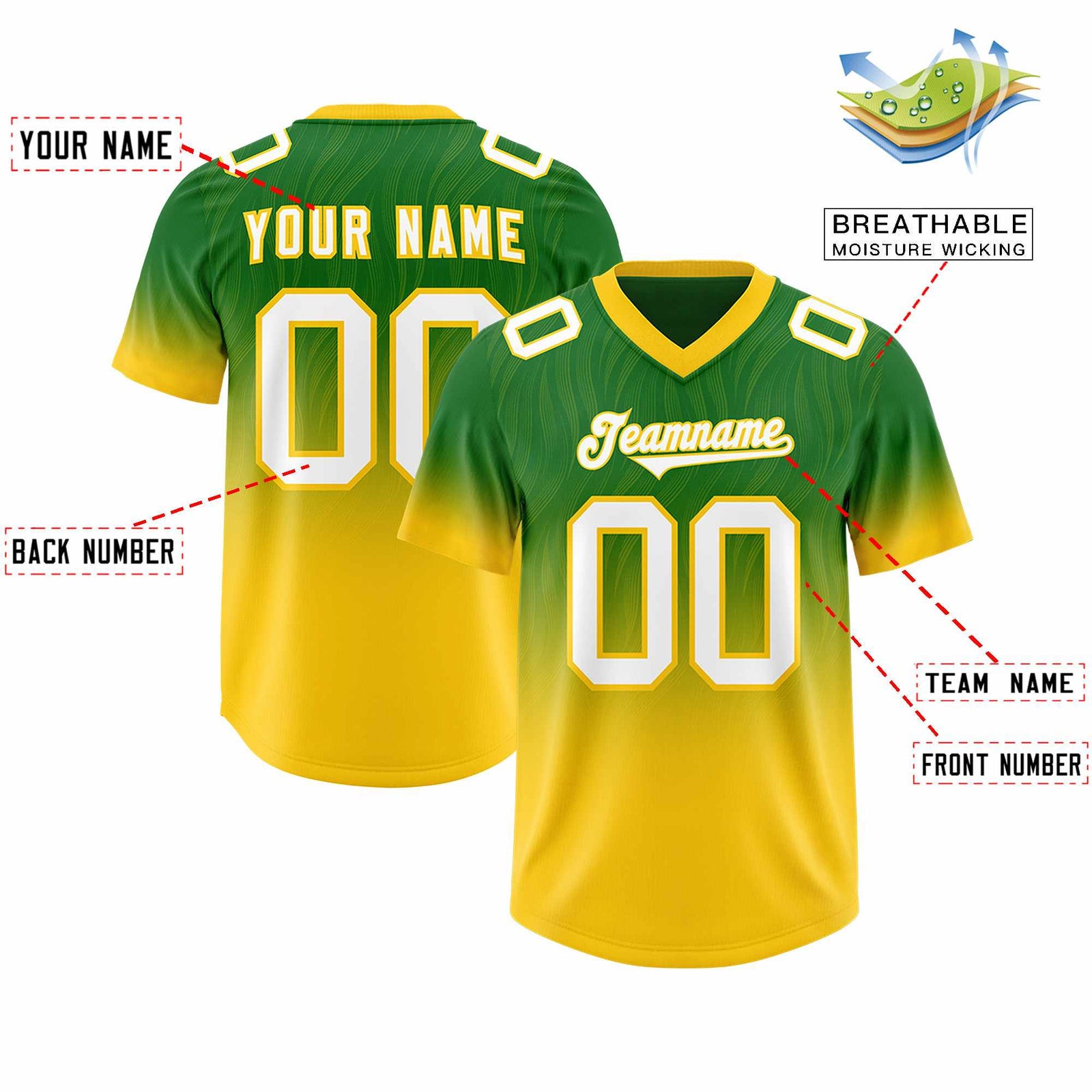 Custom Kelly Green Gold Gradient Fashion Outdoor Authentic Football Jersey