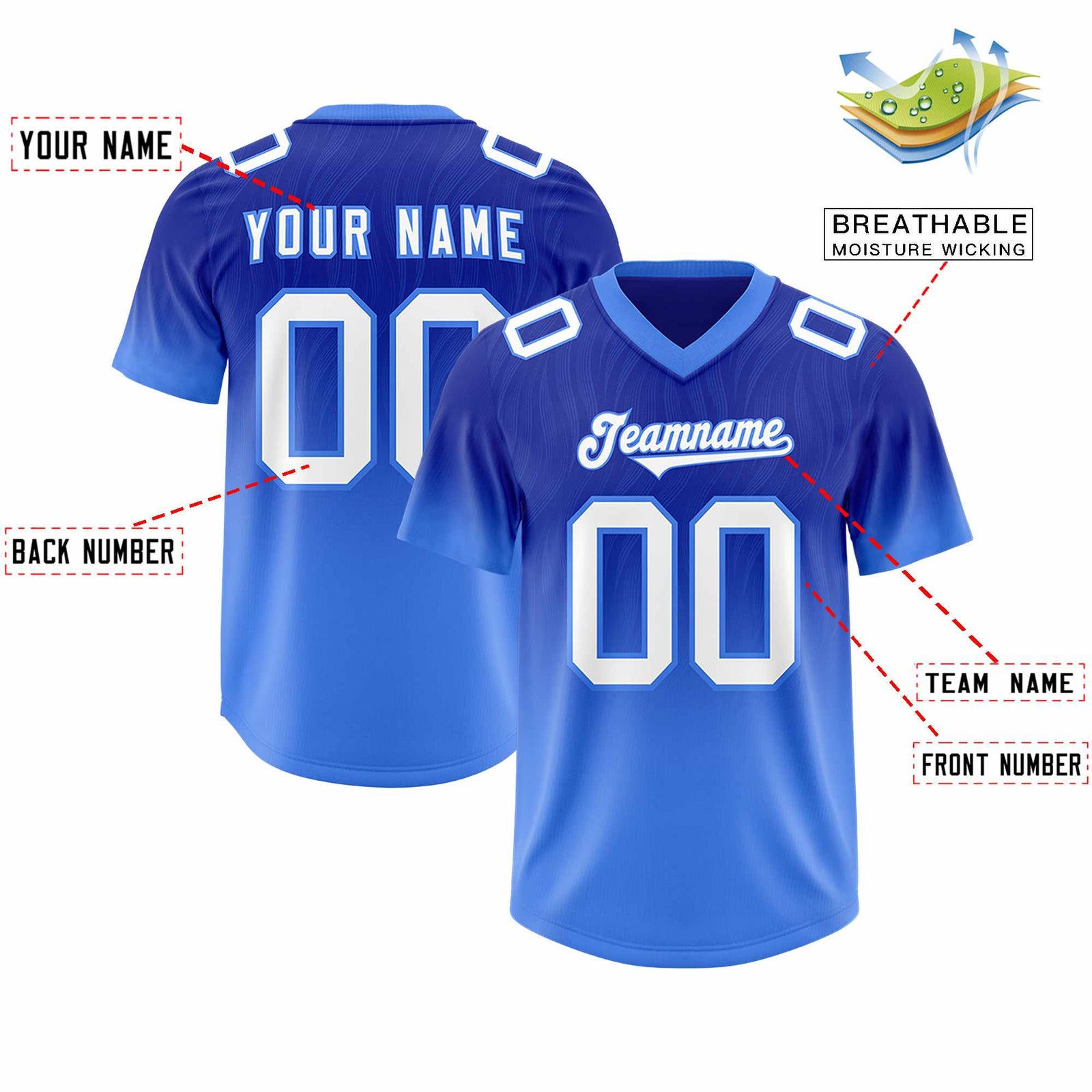 Custom Royal Powder Blue Gradient Fashion Outdoor Authentic Football Jersey