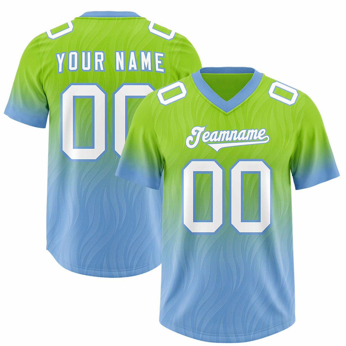 Custom Neon Green Powder Blue Gradient Fashion Outdoor Authentic Football Jersey
