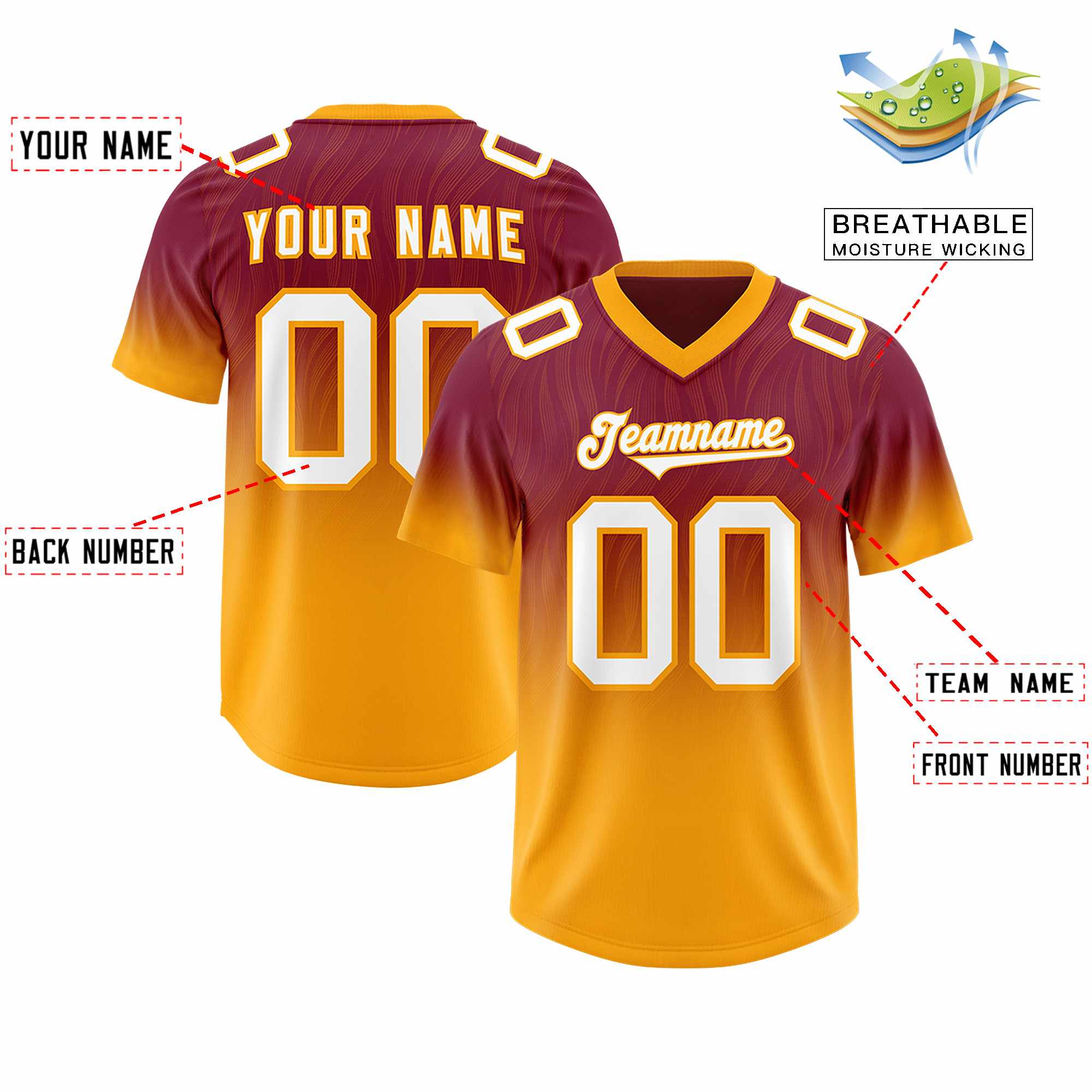 Custom Cardinal Yellow Gradient Fashion Outdoor Authentic Football Jersey
