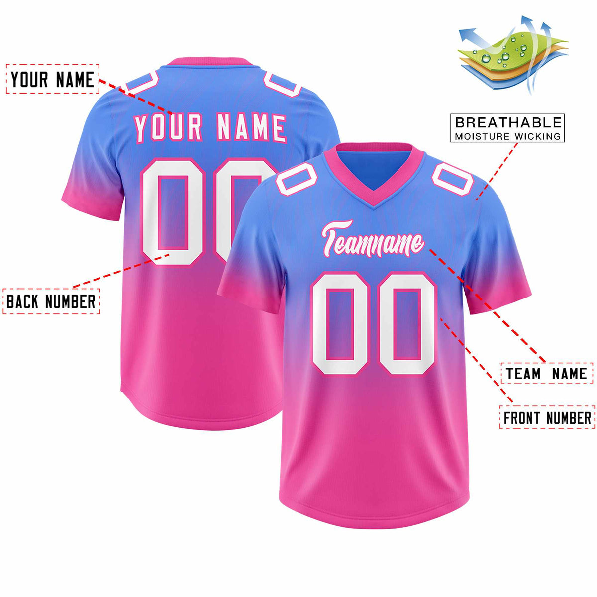Custom Powder Blue Pink Gradient Fashion Outdoor Authentic Football Jersey