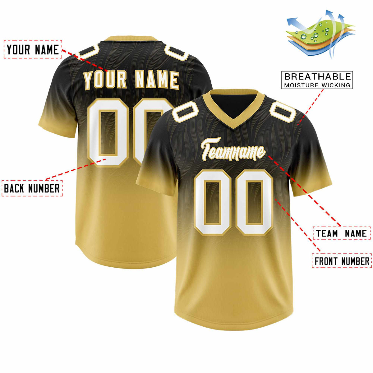Custom Black Old Gold Gradient Fashion Outdoor Authentic Football Jersey