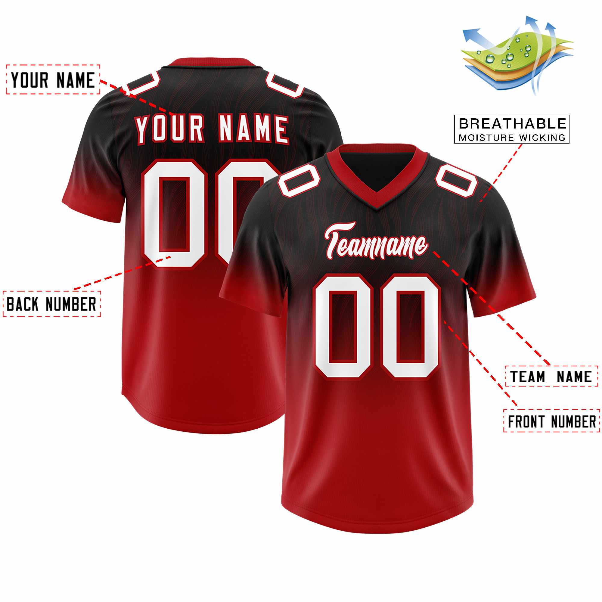 Custom Black Red Gradient Fashion Outdoor Authentic Football Jersey