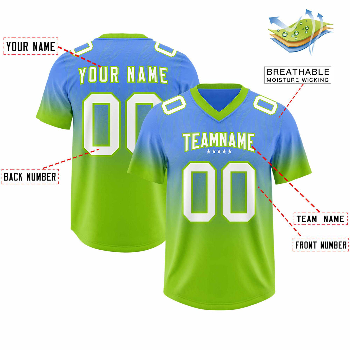 Custom Powder Blue Neon Green Gradient Fashion Outdoor Authentic Football Jersey