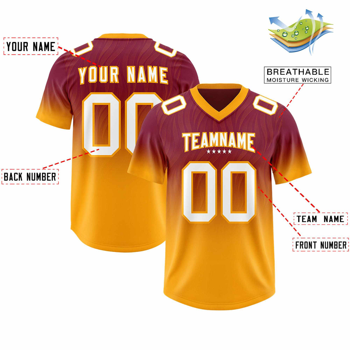 Custom Cardinal Yellow Gradient Fashion Outdoor Authentic Football Jersey