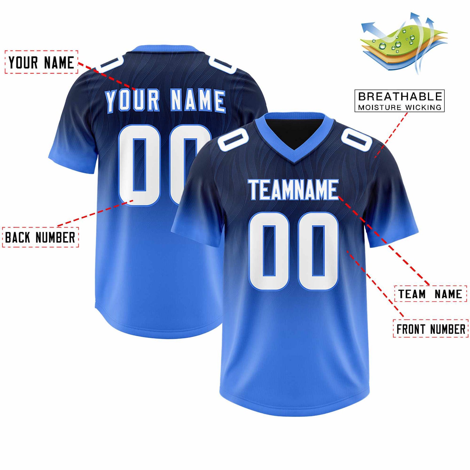 Custom Navy Powder Blue Gradient Fashion Outdoor Authentic Football Jersey