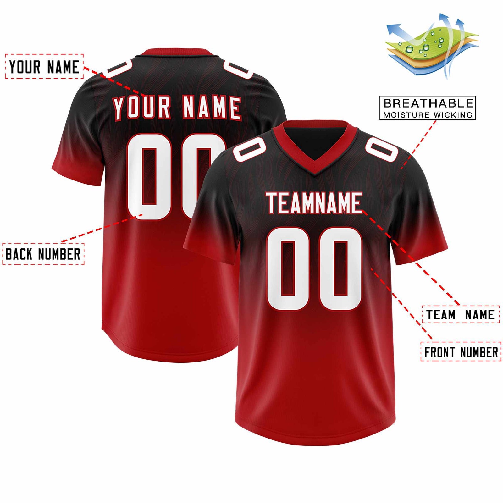 Custom Black Red Gradient Fashion Outdoor Authentic Football Jersey