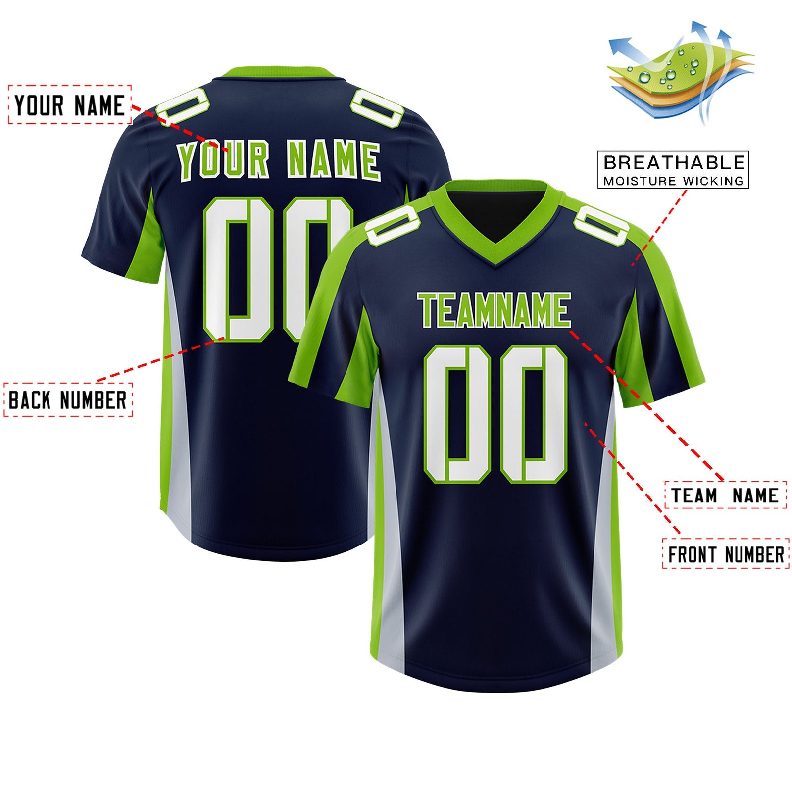 Custom Navy Neon Green Side Stripe Pattern Authentic Football Jersey