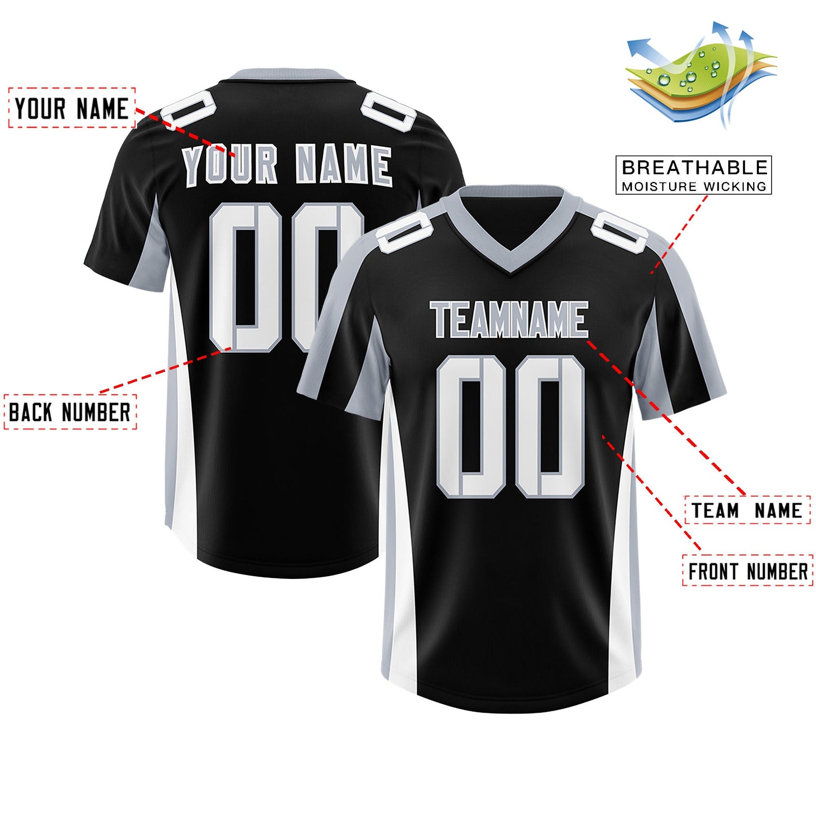 Custom Black Silver Side Stripe Pattern Authentic Football Jersey