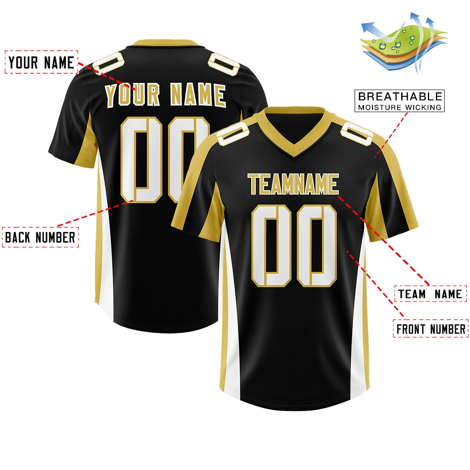 Custom Black Old Gold Side Stripe Pattern Authentic Football Jersey