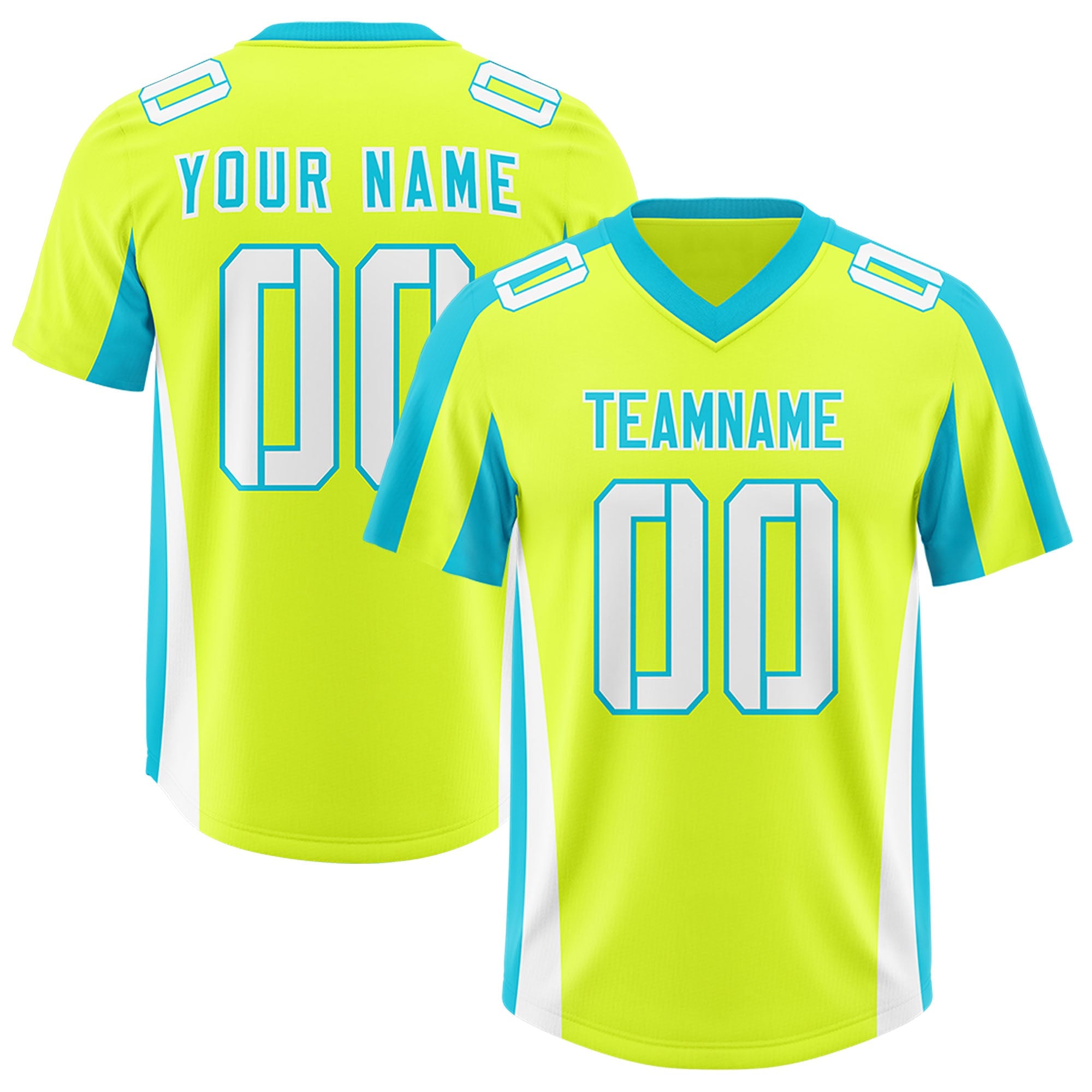 Custom Fluorescent Green Sky Blue Side Stripe Pattern Authentic Football Jersey