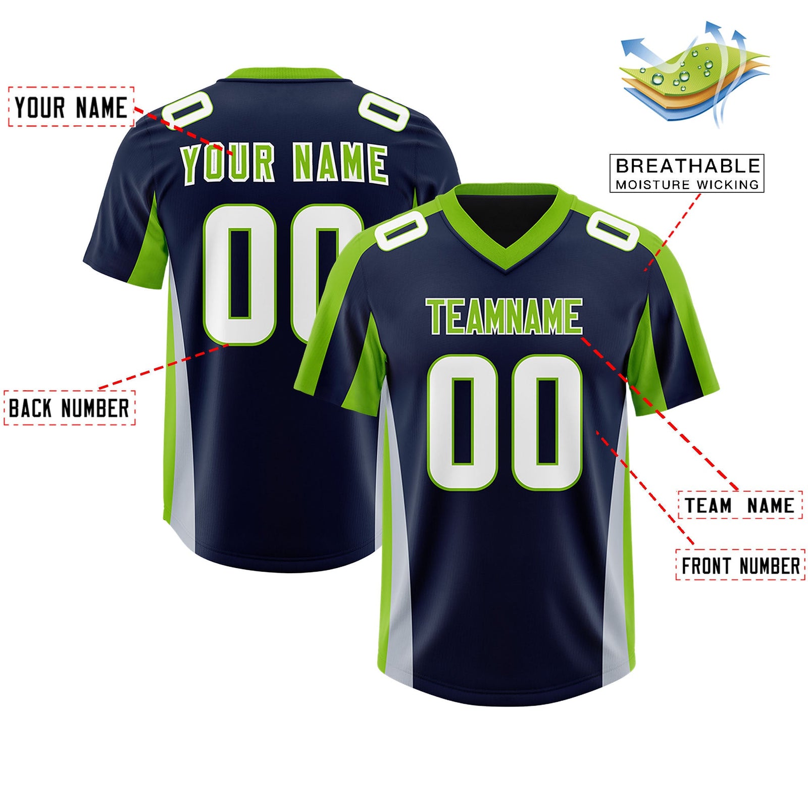 Custom Navy Neon Green Side Stripe Pattern Authentic Football Jersey