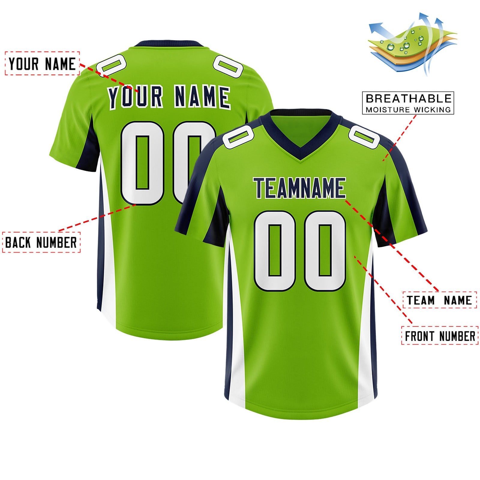 Custom Neon Green Navy Side Stripe Pattern Authentic Football Jersey