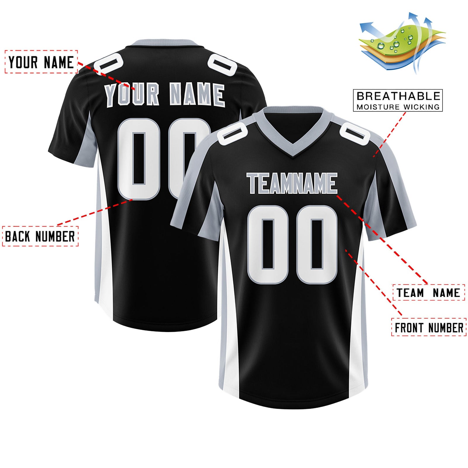 Custom Black Silver Side Stripe Pattern Authentic Football Jersey