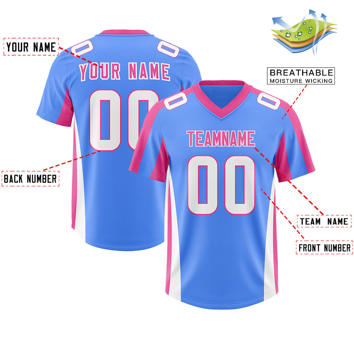 Custom Powder Blue Pink Side Stripe Pattern Authentic Football Jersey