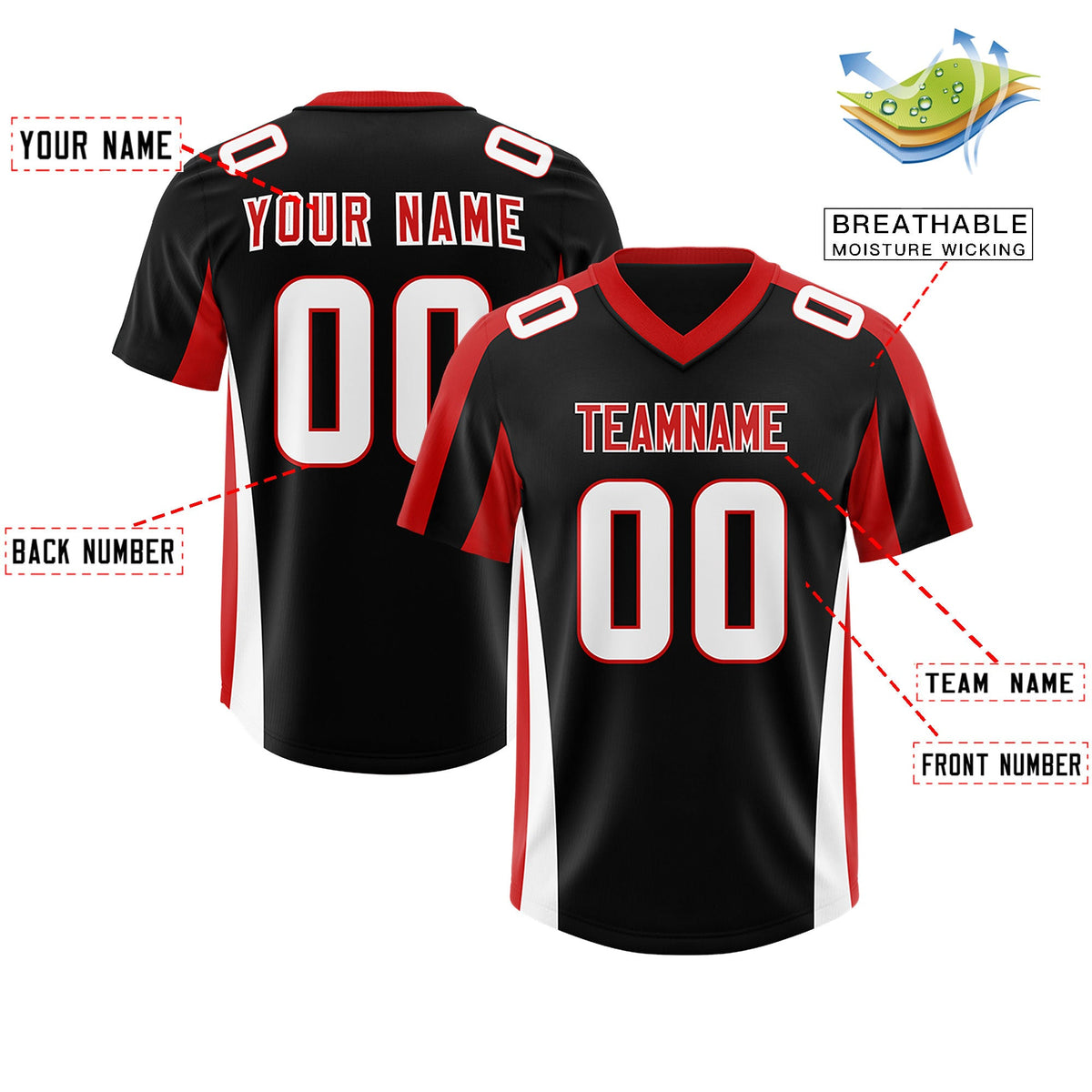 Custom Black Red Side Stripe Pattern Authentic Football Jersey