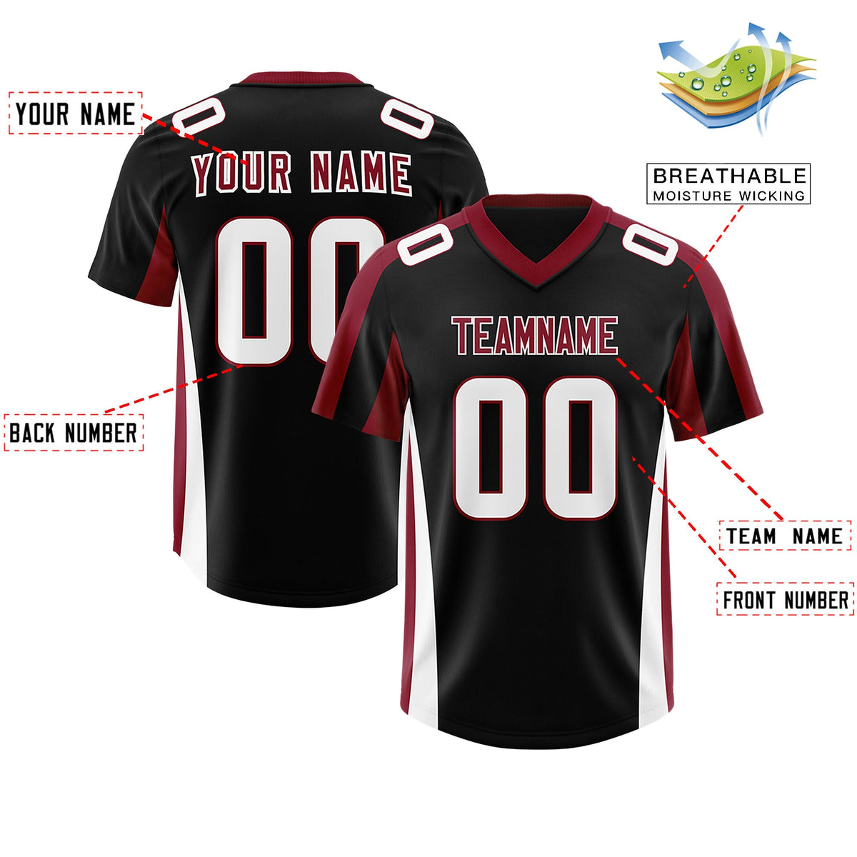 Custom Black Crimson Side Stripe Pattern Authentic Football Jersey