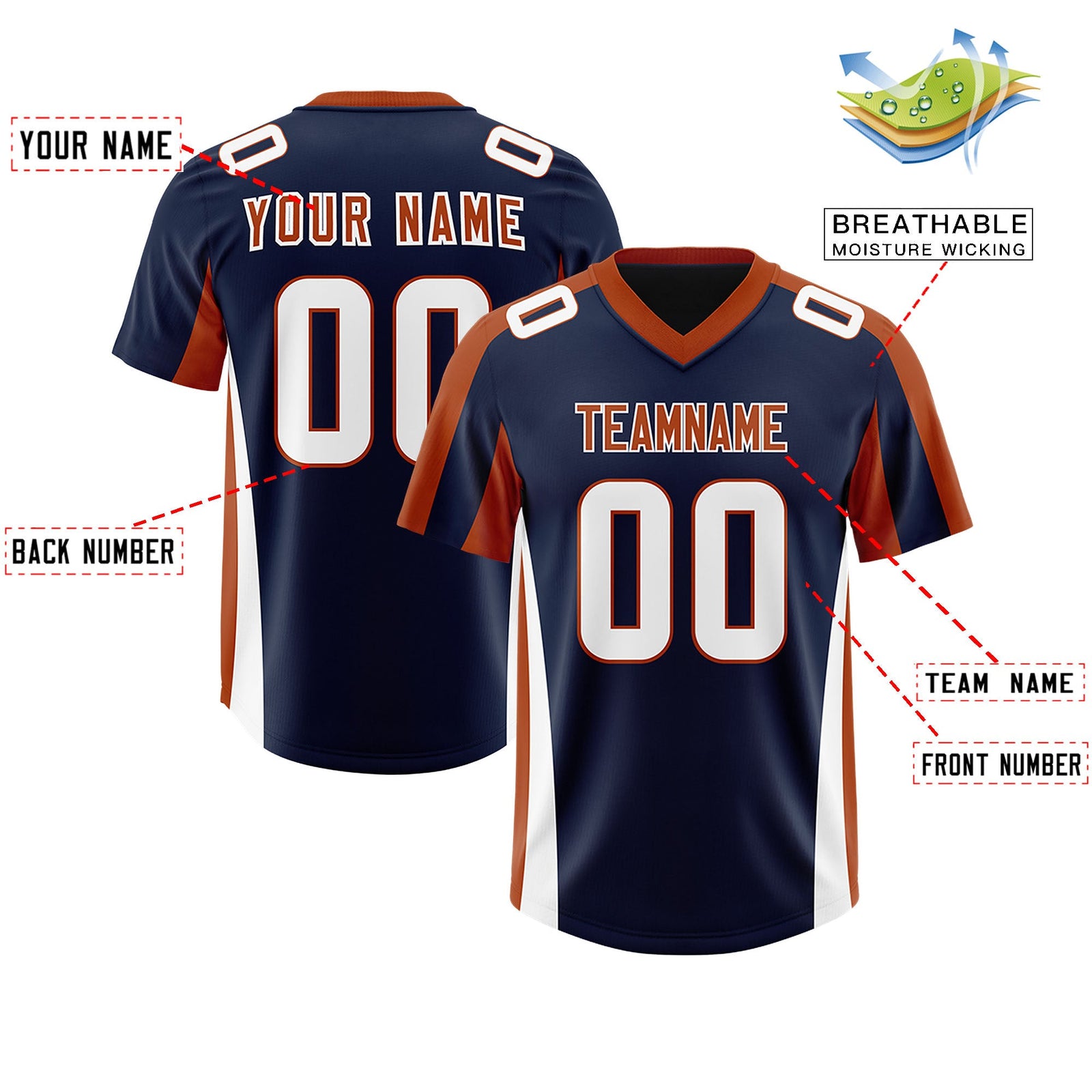 Custom Navy Texas Orange Side Stripe Pattern Authentic Football Jersey