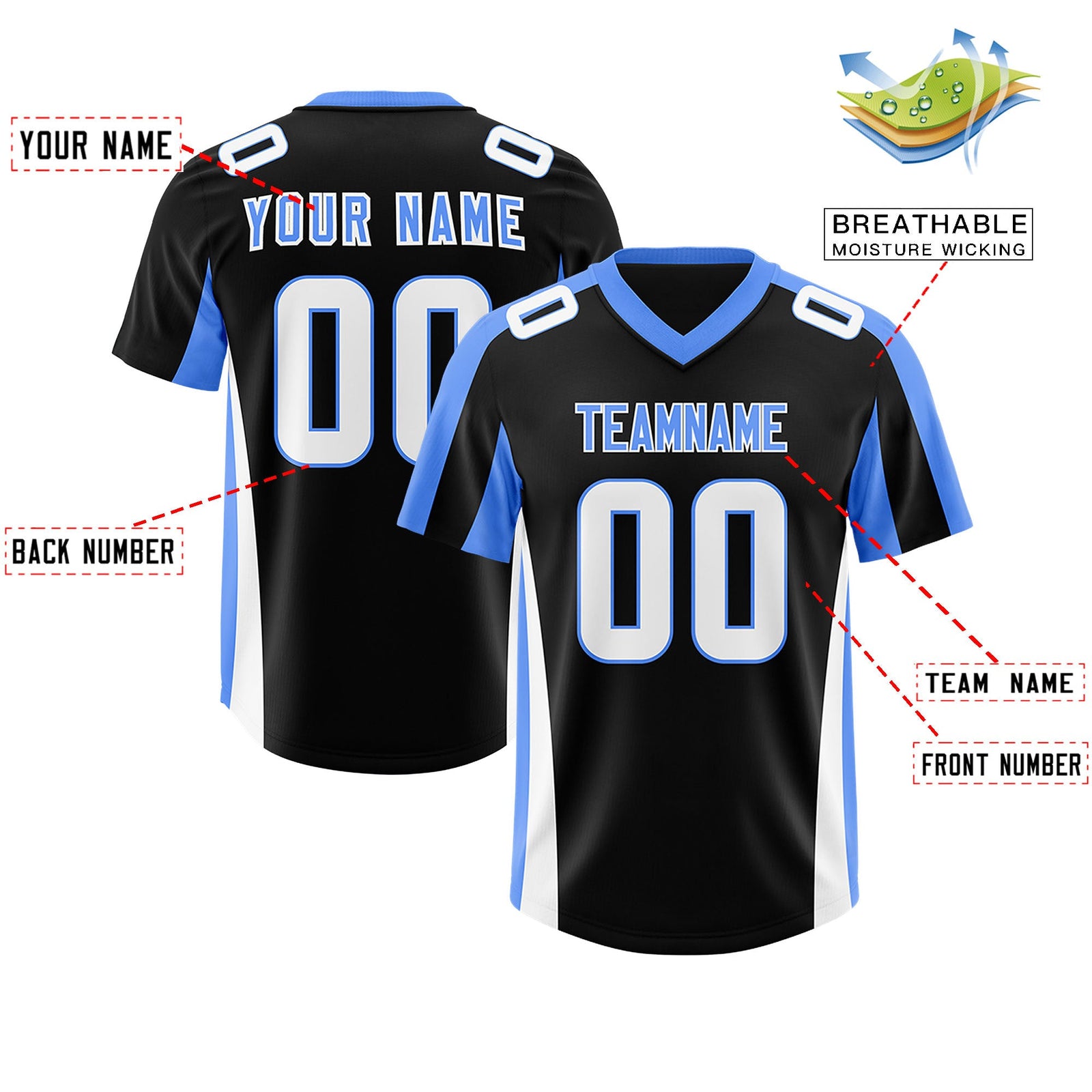Custom Black Powder Blue Side Stripe Pattern Authentic Football Jersey