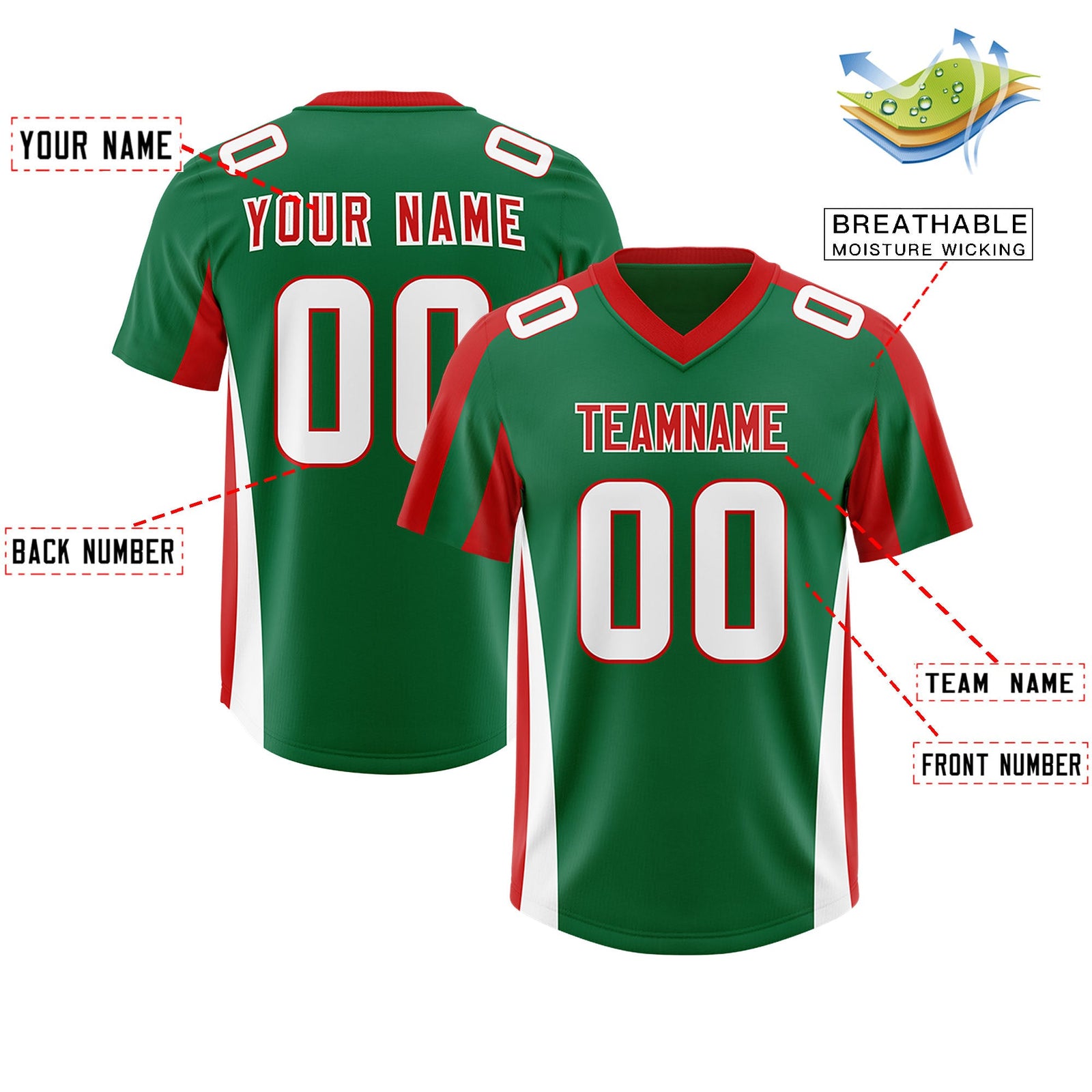 Custom Kelly Green Red Side Stripe Pattern Authentic Football Jersey