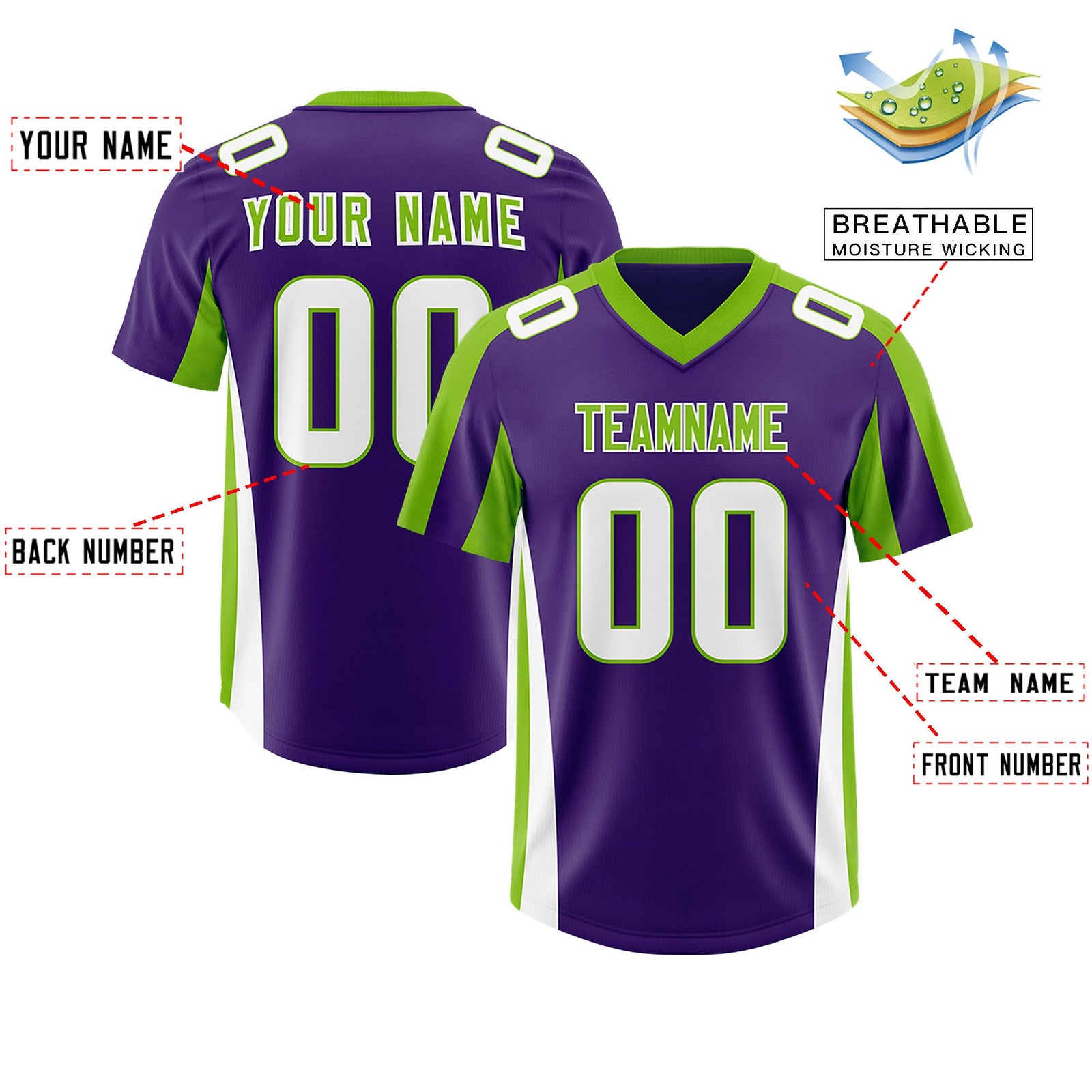 Custom Purple Neon Green Side Stripe Pattern Authentic Football Jersey