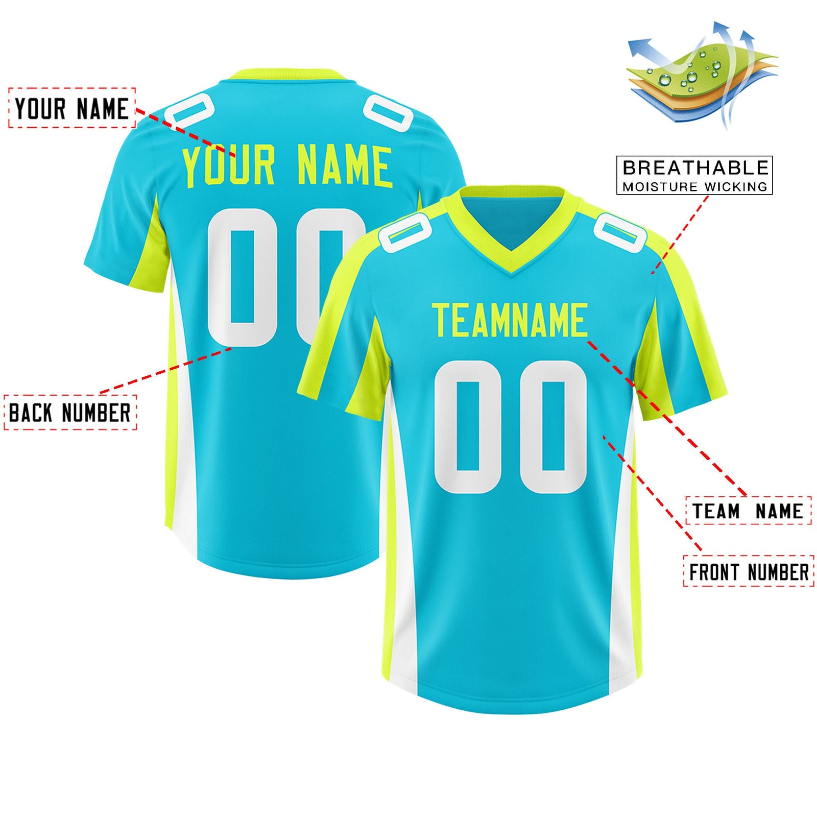 Custom Sky Blue Fluorescent Green Side Stripe Pattern Authentic Football Jersey