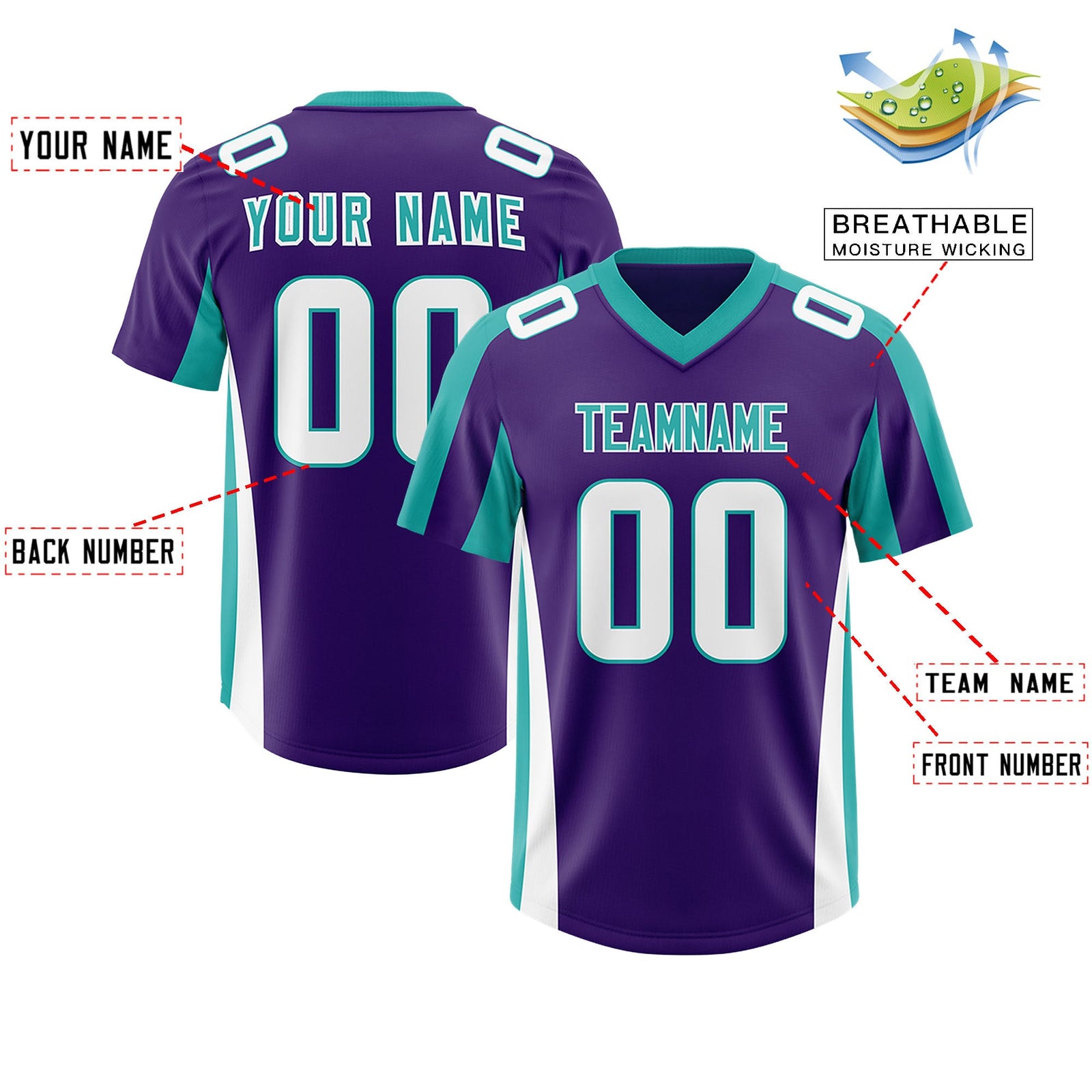 Custom Purple Aqua Side Stripe Pattern Authentic Football Jersey