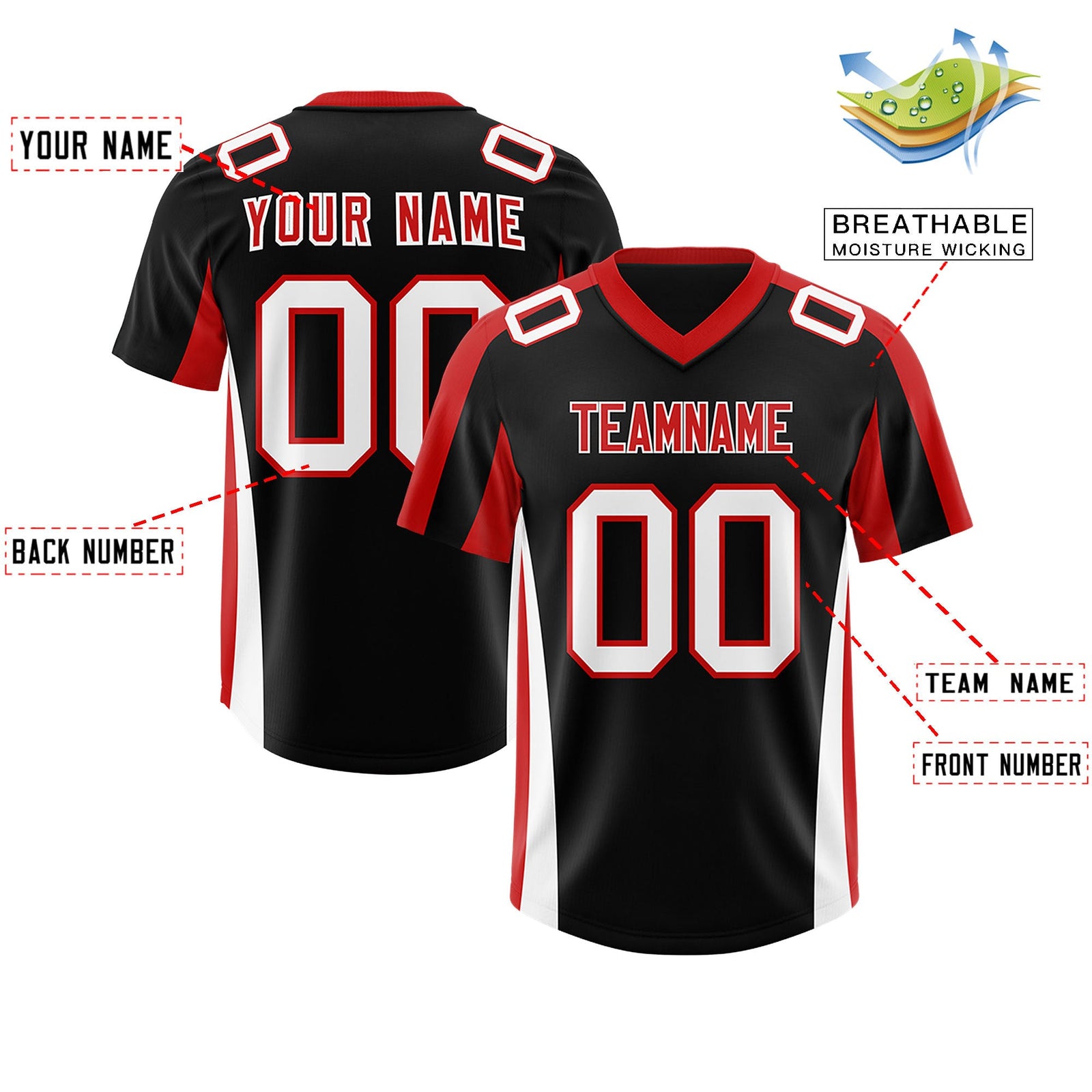Custom Black Red Side Stripe Pattern Authentic Football Jersey