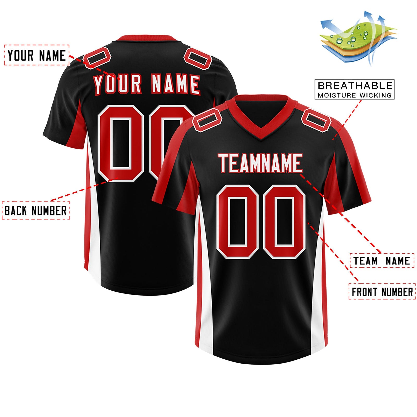 Custom Black Red Side Stripe Pattern Authentic Football Jersey
