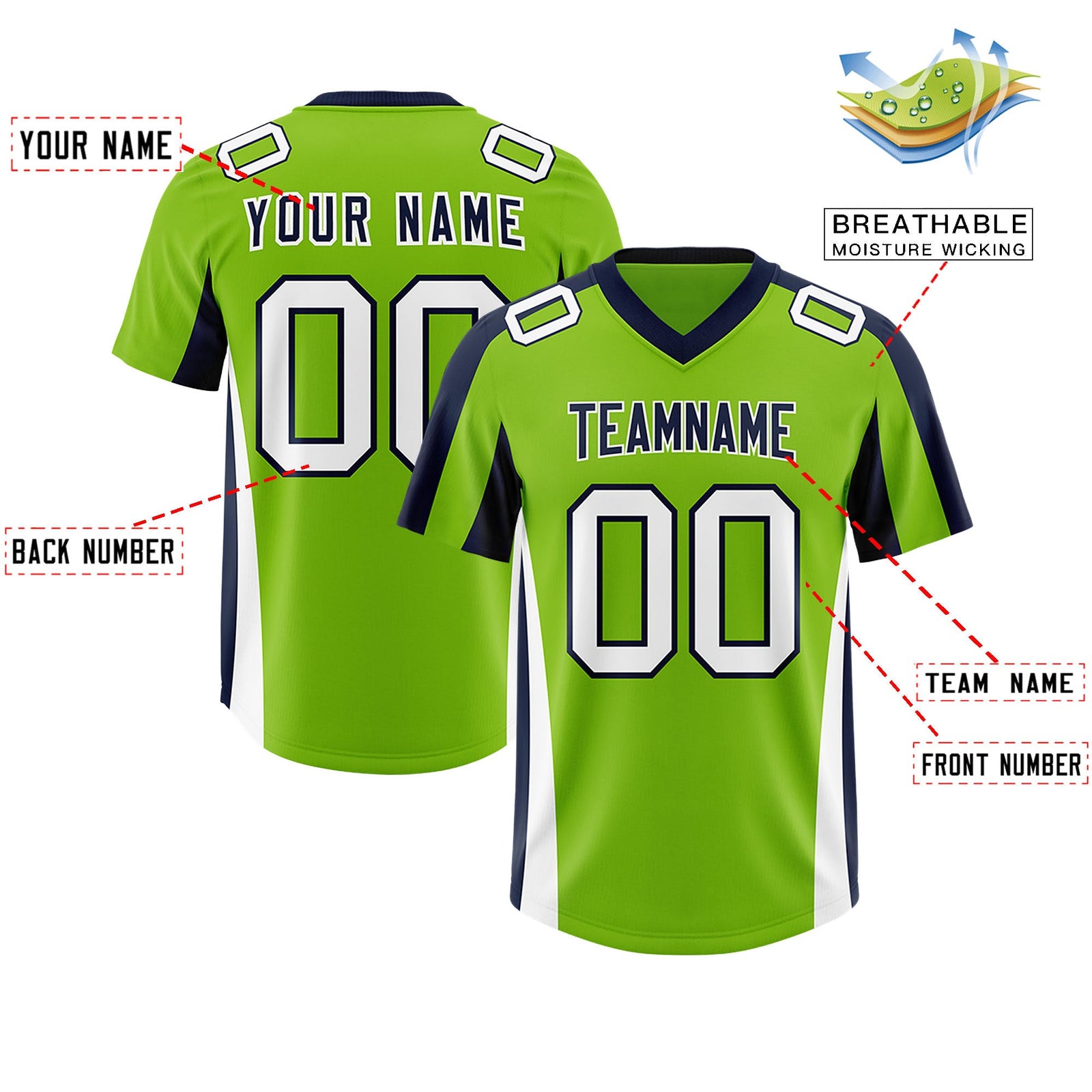 Custom Neon Green Navy Side Stripe Pattern Authentic Football Jersey