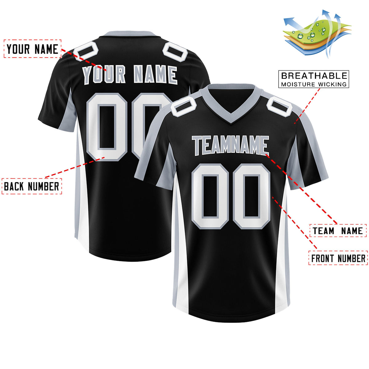 Custom Black Silver Side Stripe Pattern Authentic Football Jersey