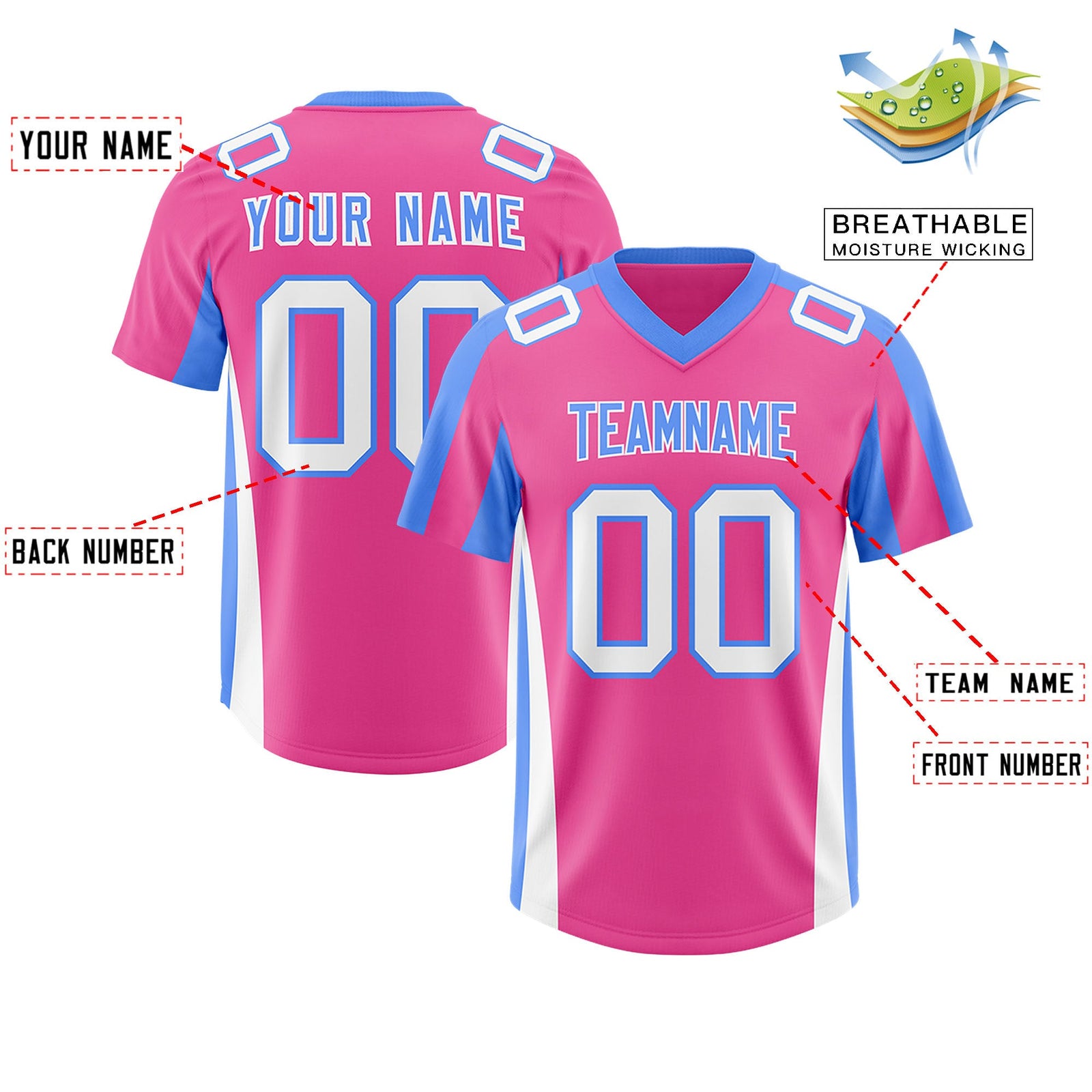 Custom Pink Powder Blue Side Stripe Pattern Authentic Football Jersey
