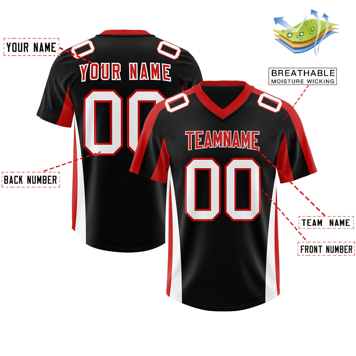 Custom Black Red Side Stripe Pattern Authentic Football Jersey