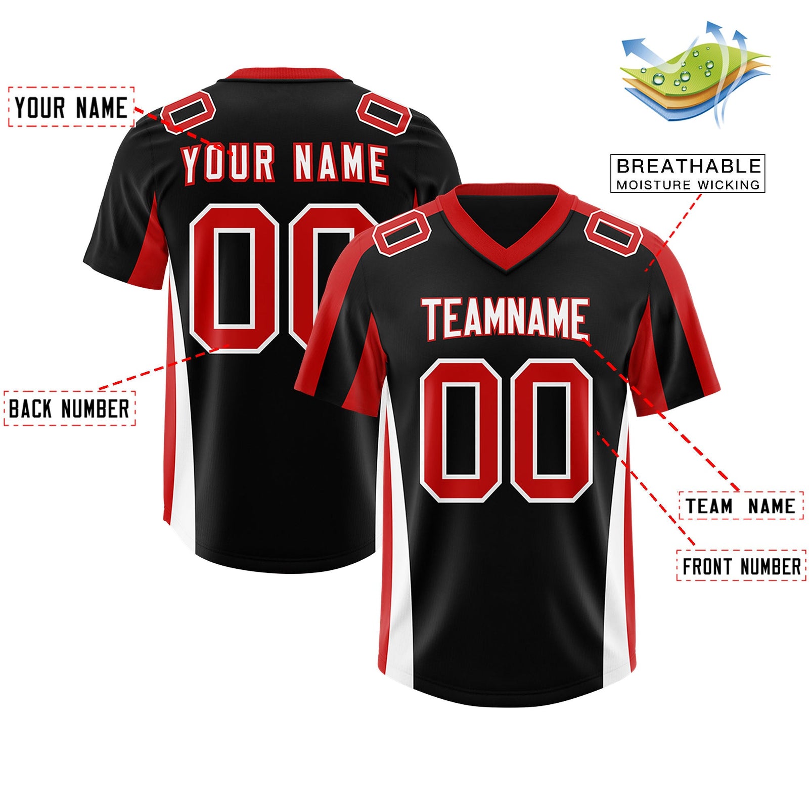 Custom Black Red Side Stripe Pattern Authentic Football Jersey