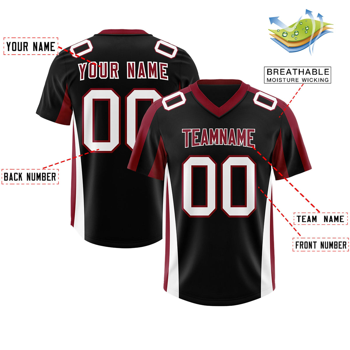 Custom Black Crimson Side Stripe Pattern Authentic Football Jersey