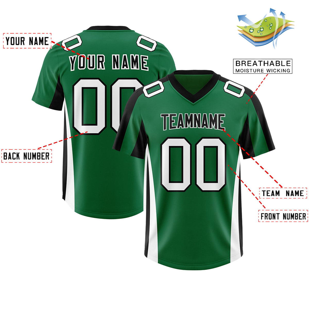 Custom Kelly Green Black Side Stripe Pattern Authentic Football Jersey