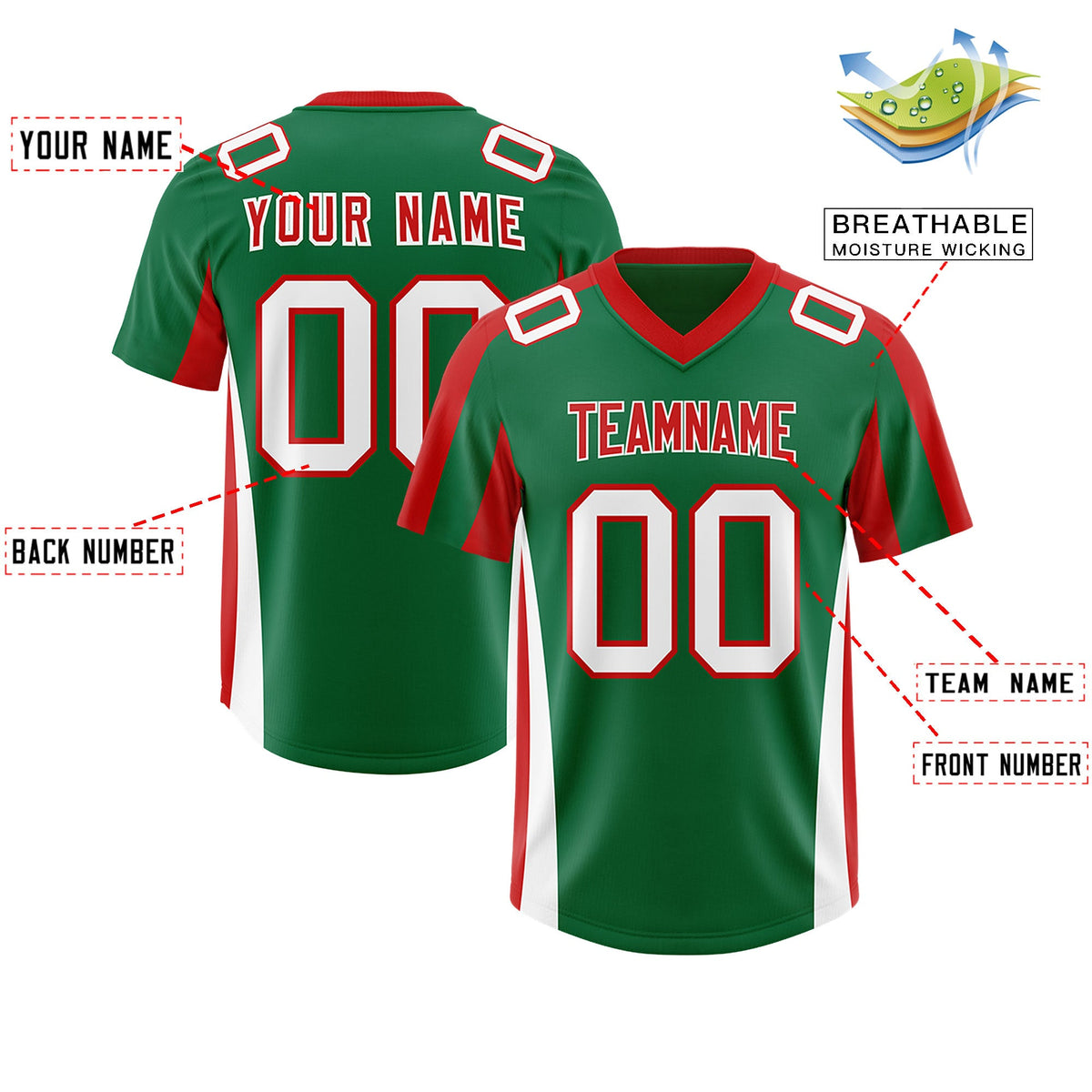 Custom Kelly Green Red Side Stripe Pattern Authentic Football Jersey