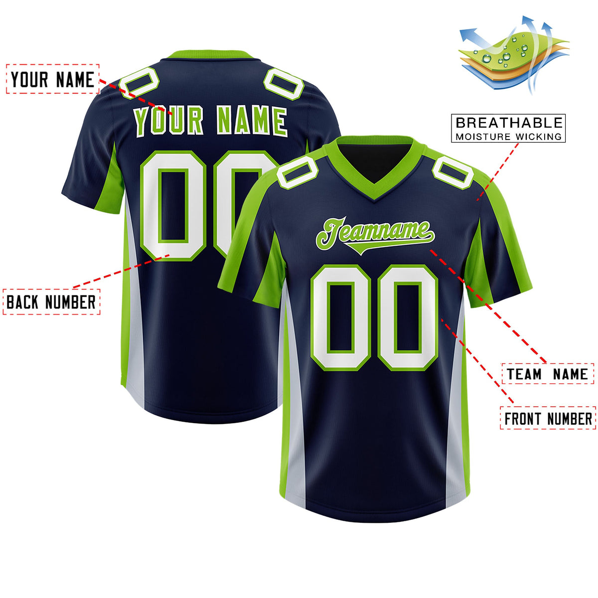 Custom Navy Neon Green Side Stripe Pattern Authentic Football Jersey