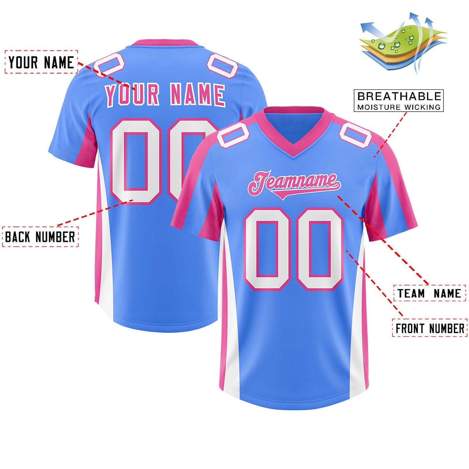 Custom Powder Blue Pink Side Stripe Pattern Authentic Football Jersey