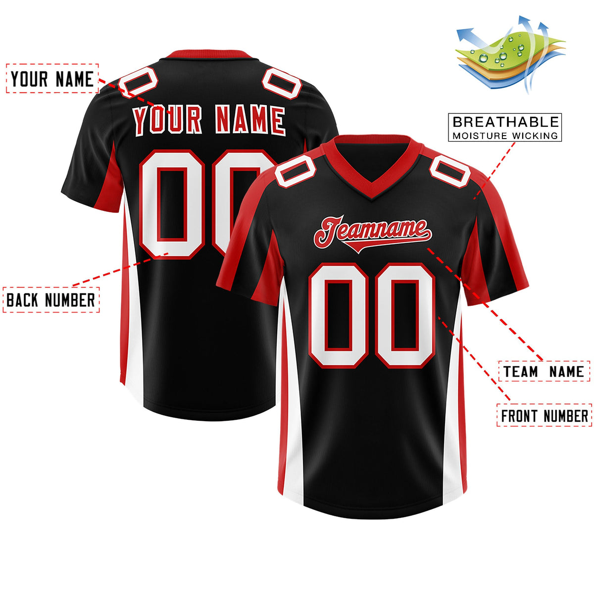 Custom Black Red Side Stripe Pattern Authentic Football Jersey