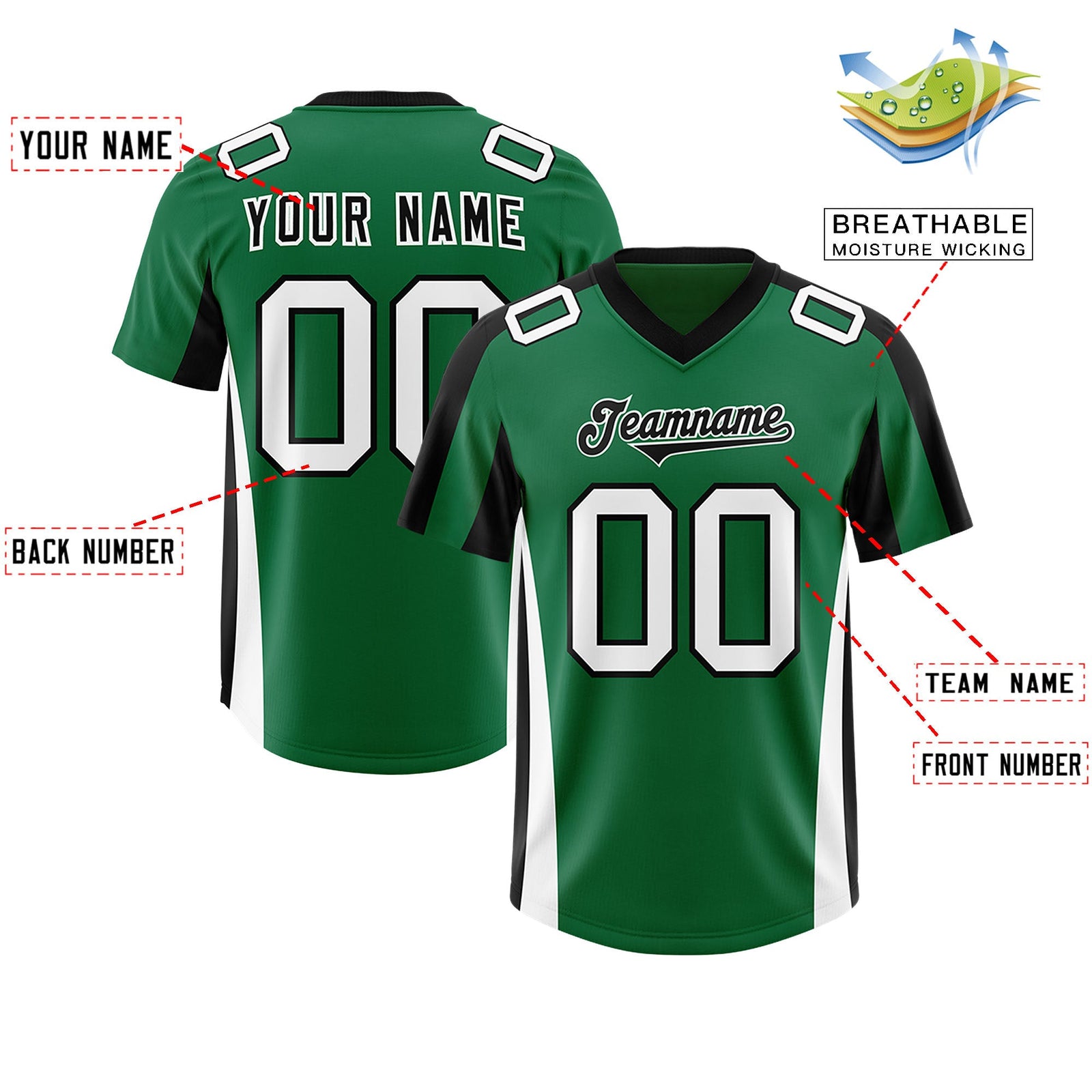 Custom Kelly Green Black Side Stripe Pattern Authentic Football Jersey