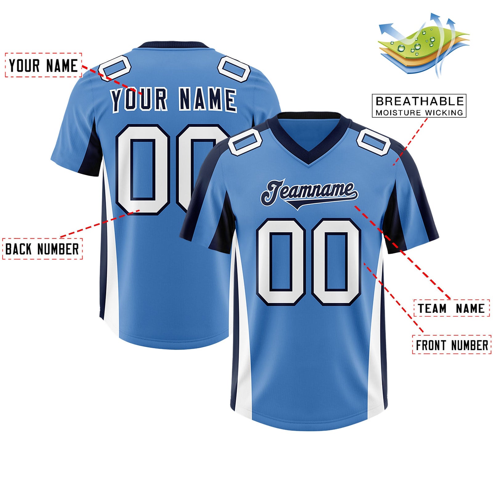 Custom Powder Blue Navy Side Stripe Pattern Authentic Football Jersey