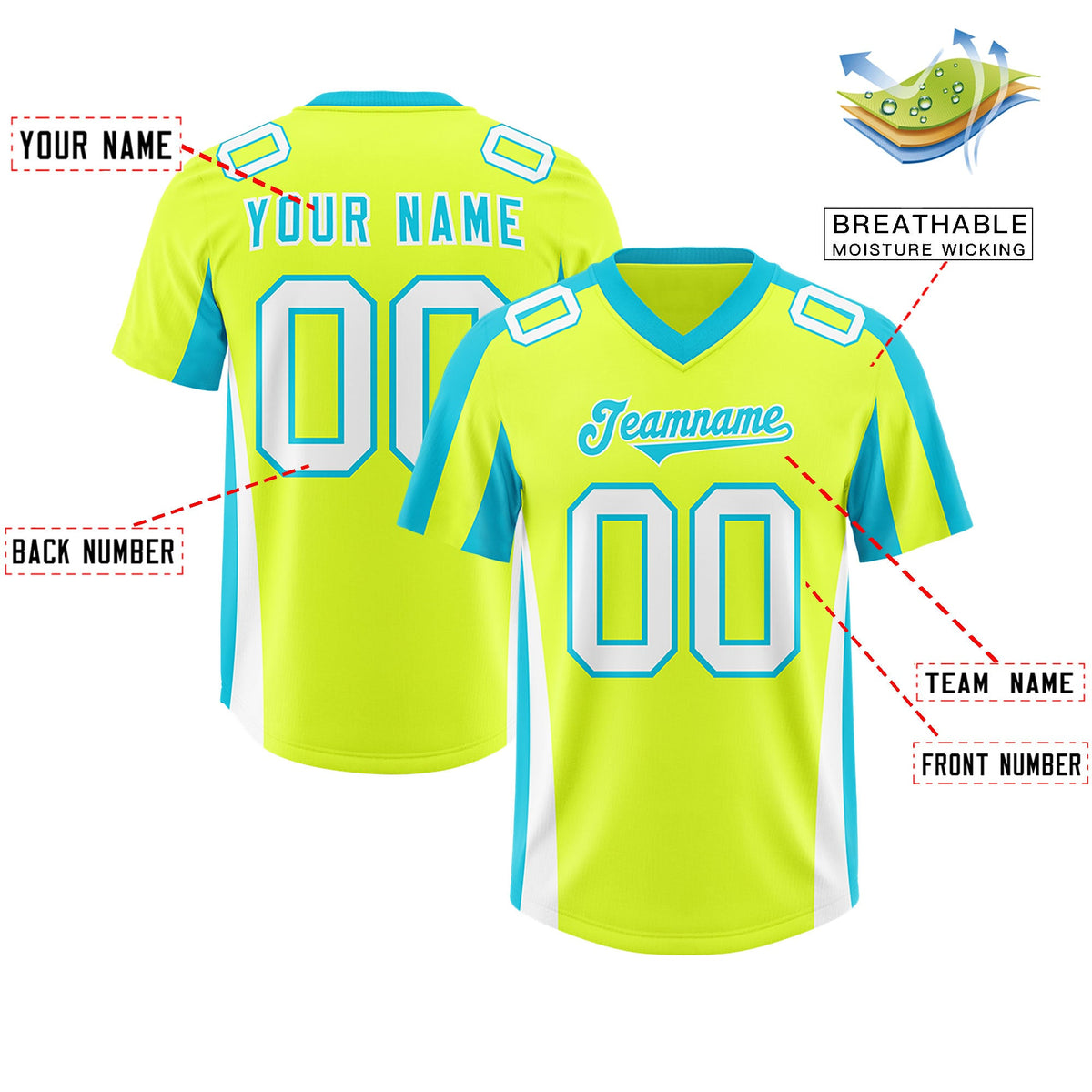 Custom Fluorescent Green Sky Blue Side Stripe Pattern Authentic Football Jersey