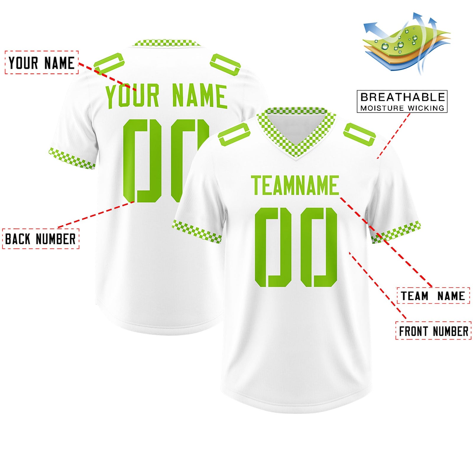 Custom White Neon Green Personalized Neckline Square Classic Authentic Football Jersey