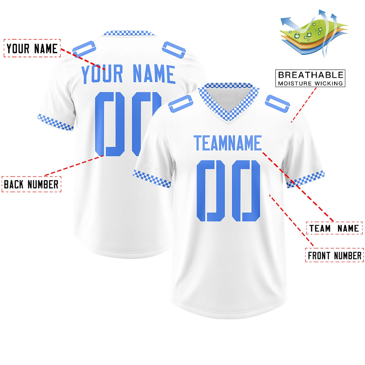 Custom White Powder Blue Personalized Neckline Square Classic Authentic Football Jersey